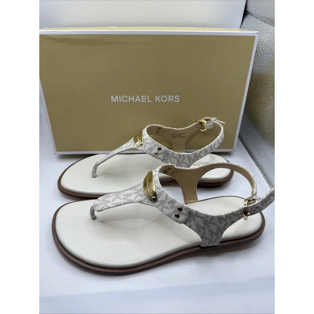 Michael Kors MK Plate Thong Sandals Women 7.5 Vanilla Mini MK Logo. New